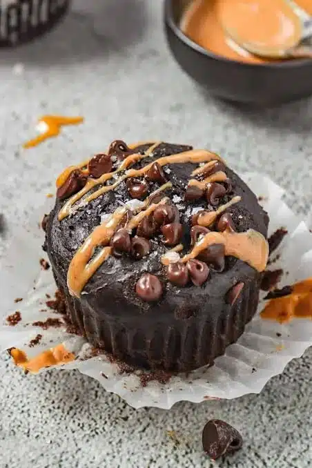 Delicious chocolate peanut butter muffins fresh out of the oven
