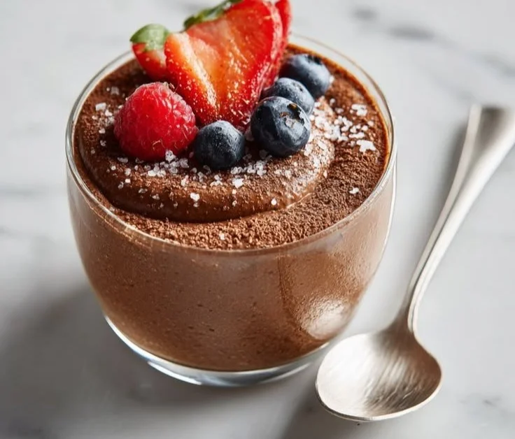 Delicious chocolate protein pudding in a bowl, high in protein and great for desserts.