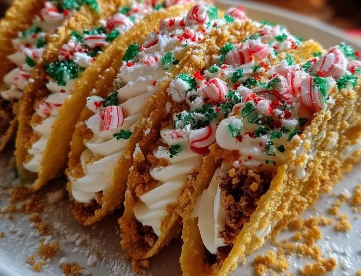 Delicious Christmas cheesecake tacos filled with creamy cheesecake and festive toppings
