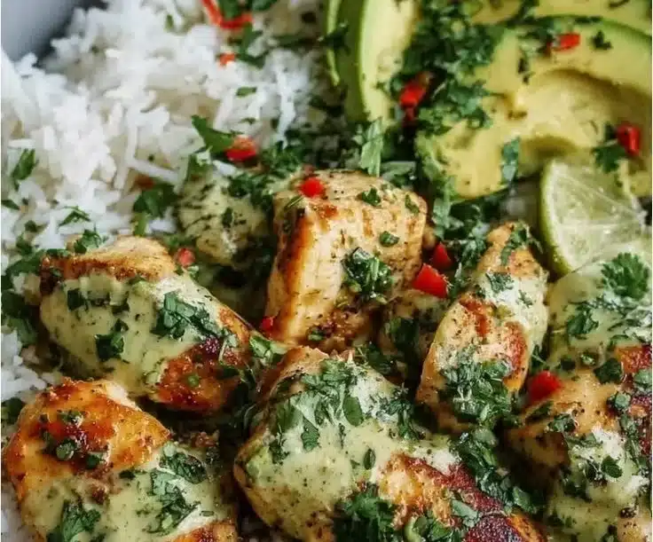 Cilantro Lime Chicken served with sliced avocado on a plate