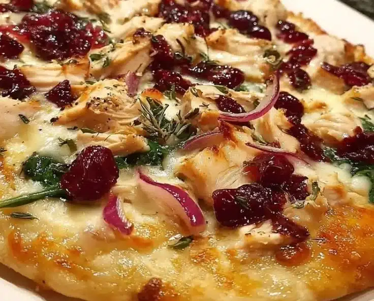 Cranberry Chicken Pizza with Brie cheese on a wooden serving board.