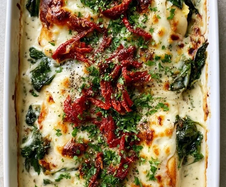 Creamy baked Tuscan chicken casserole with vegetables in a dish
