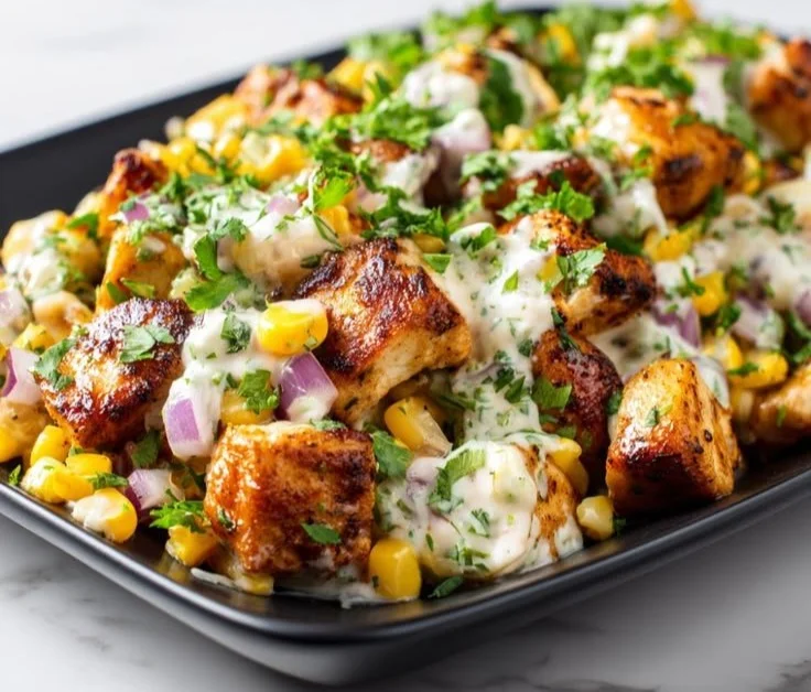 Creamy high protein chicken salad with street corn and fresh ingredients