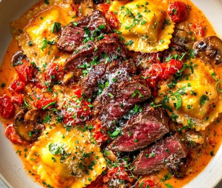 Plate of creamy tomato mushroom ravioli served with seared steak