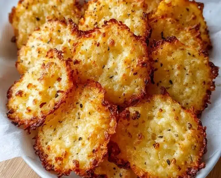 Bowl of crispy cottage cheese chips on a wooden table