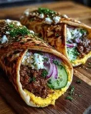 Crispy Mediterranean ground beef wrap with fresh ingredients and vibrant colors