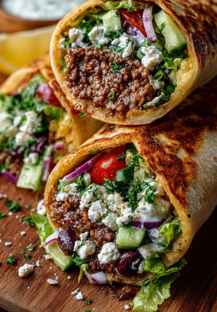 Crispy Mediterranean Ground Beef Wrap filled with fresh ingredients and spices