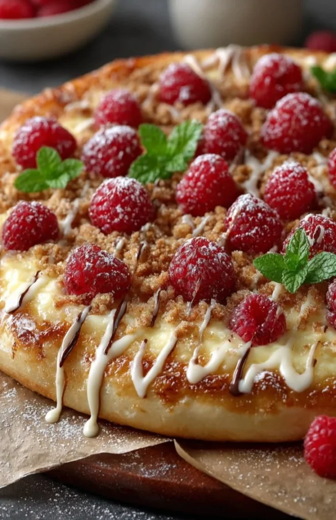 Delicious raspberry cheesecake pizza topped with fresh raspberries and creamy cheese.