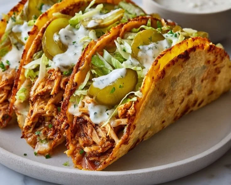 Dill Pickle Ranch Smash Chicken Tacos topped with fresh ingredients