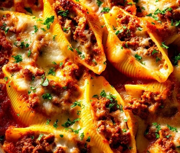 Easy and cheesy baked beef stuffed shells with ricotta cheese and marinara sauce.