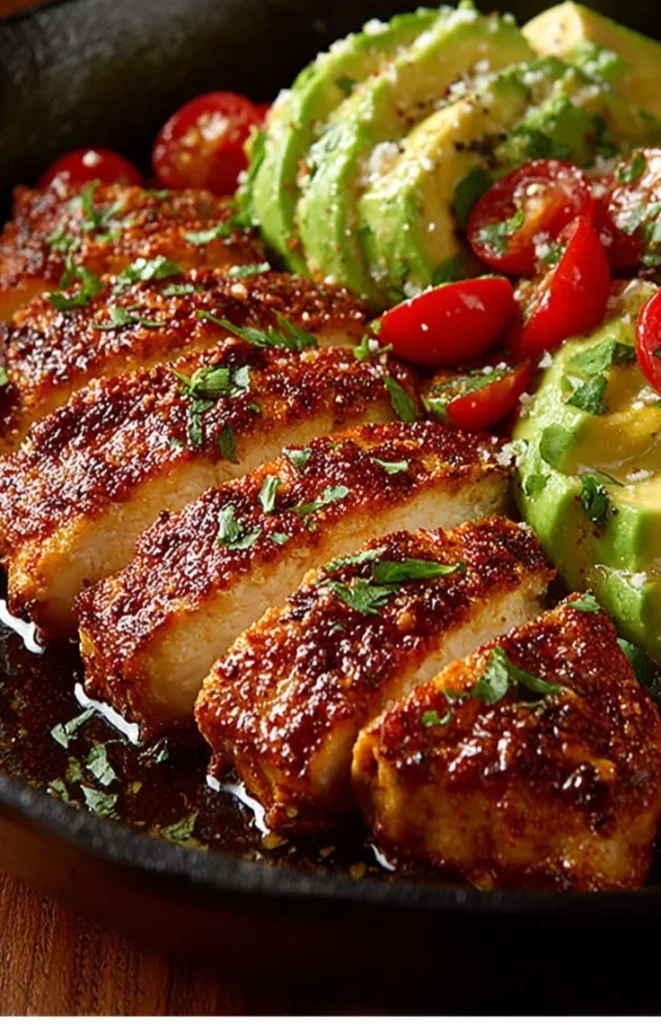 Delicious Fiesta Lime Chicken served with fresh avocado slices.