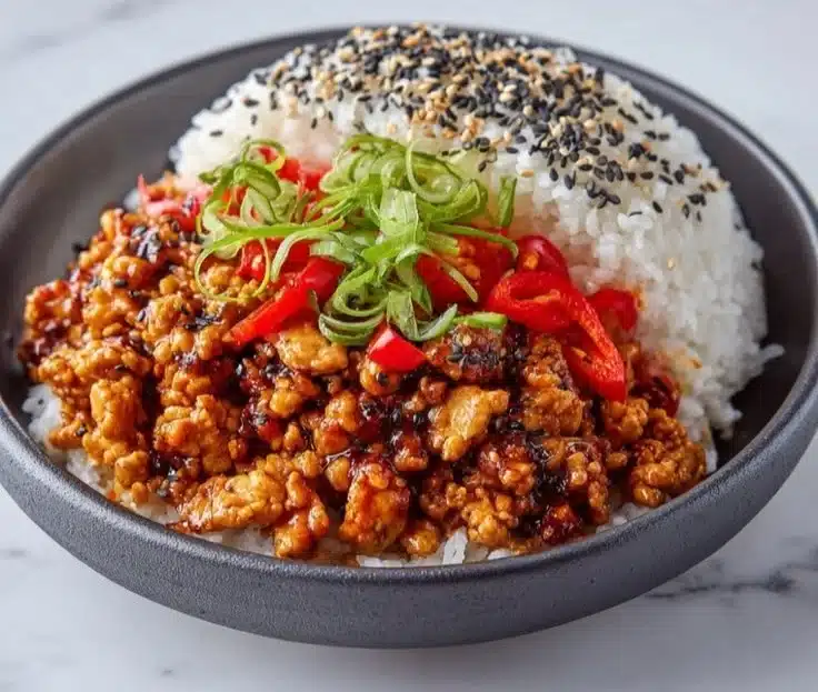 Firecracker Ground Chicken dish garnished with herbs