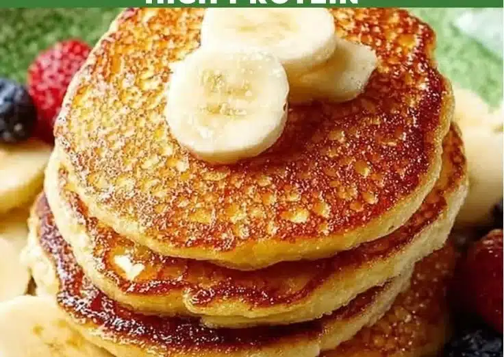 Delicious fluffy cottage cheese pancakes served with syrup and fruit