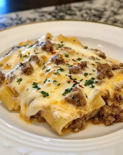 Delicious plate of Garlic Butter Rigatoni garnished with parsley