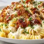 Garlic Parmesan Chicken Bites with creamy rotini pasta on a plate