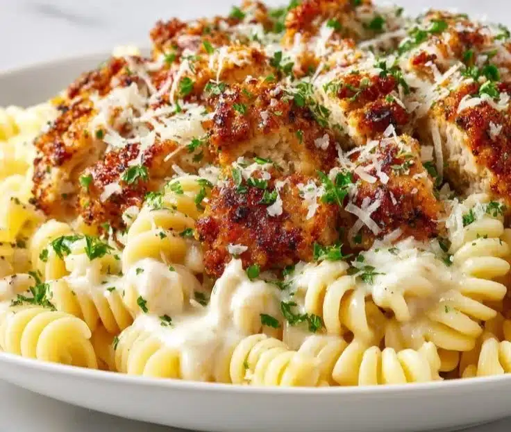 Garlic Parmesan Chicken Bites with creamy rotini pasta on a plate