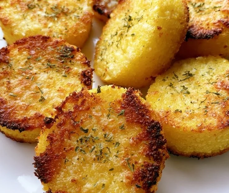 Crispy baked parmesan polenta rounds garnished with herbs