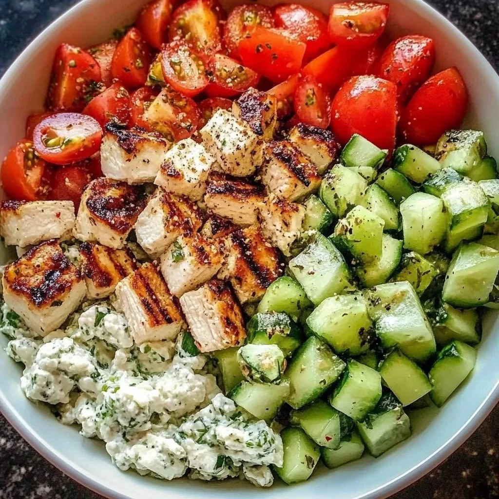 Delicious Greek Chicken Bowl with fresh vegetables and grilled chicken