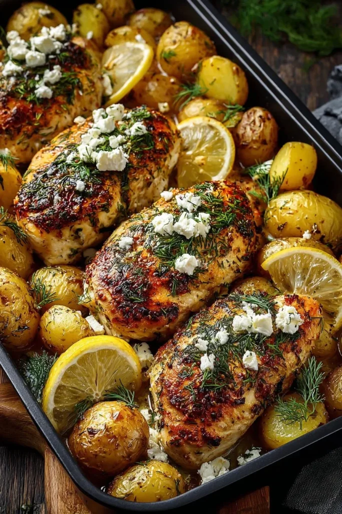 Greek Chicken and Potato Bake with Lemon and Dill dish on a serving plate
