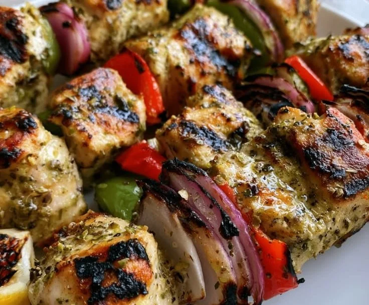 Delicious Greek marinated chicken kabobs served with vegetables on skewers