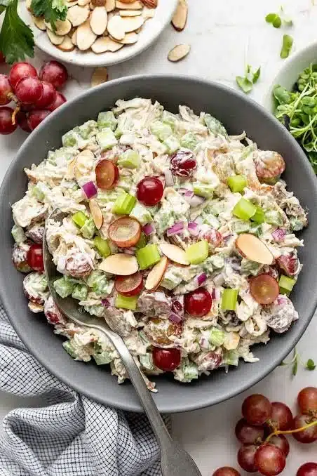 Delicious Greek Yogurt Chicken Salad served in a bowl with fresh vegetables
