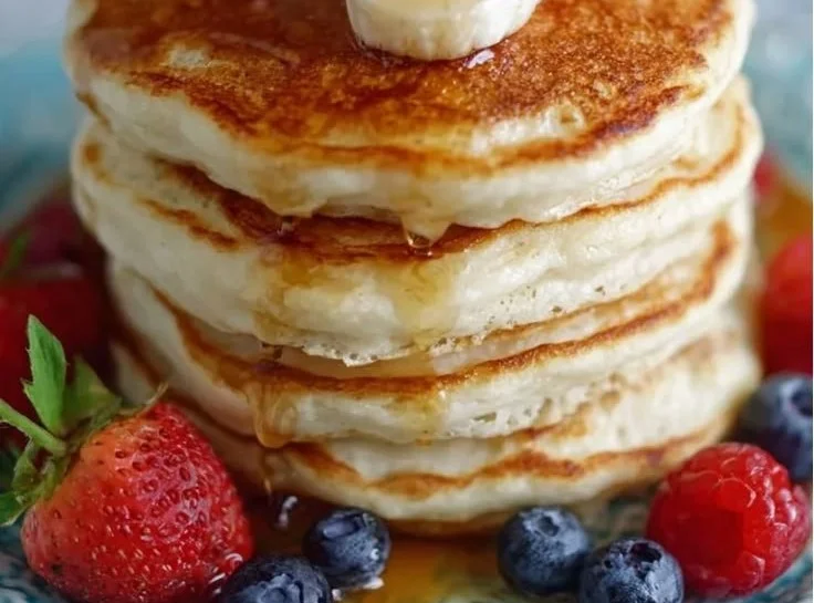 Fluffy Greek Yogurt Pancakes stacked on a plate with fresh fruits