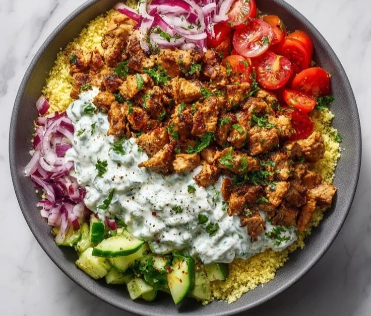 Delicious ground turkey gyro bowl garnished with vegetables and sauce
