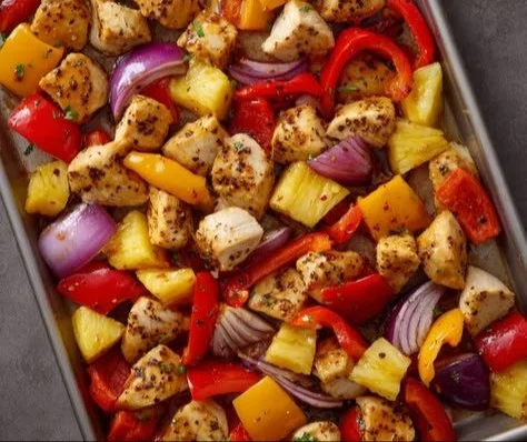 Delicious Hawaiian Chicken Sheet Pan dinner with vibrant vegetables