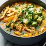 Healthy high protein white chicken chili garnished with cilantro in a bowl.