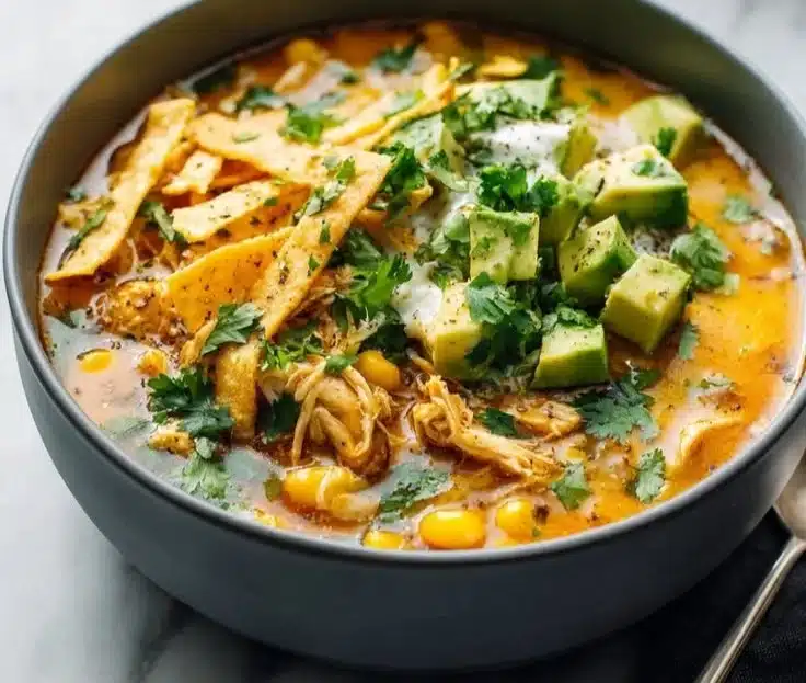 Healthy high protein white chicken chili garnished with cilantro in a bowl.