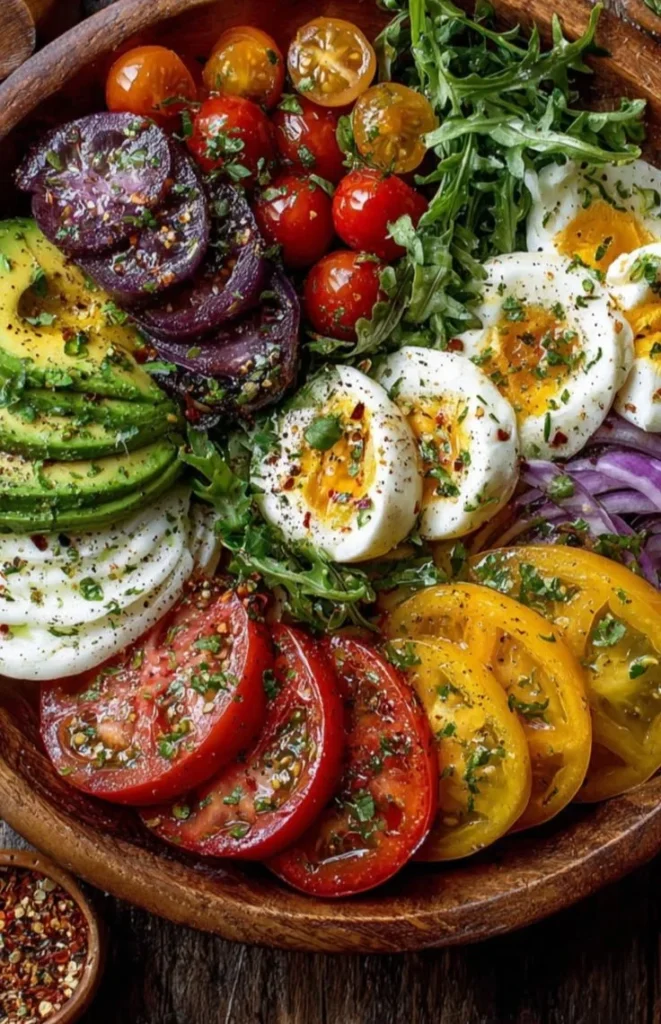 Heirloom tomato salad with avocado and mozzarella on a plate
