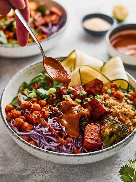 Healthy High-Protein Buddha Bowl with colorful vegetables and grains