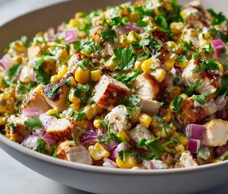 High protein chicken salad with street corn served in a bowl