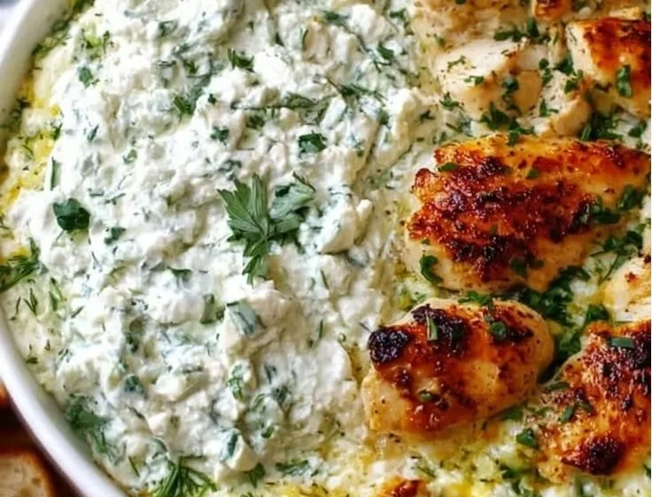High-protein chicken tzatziki casserole topped with fresh herbs and tzatziki sauce