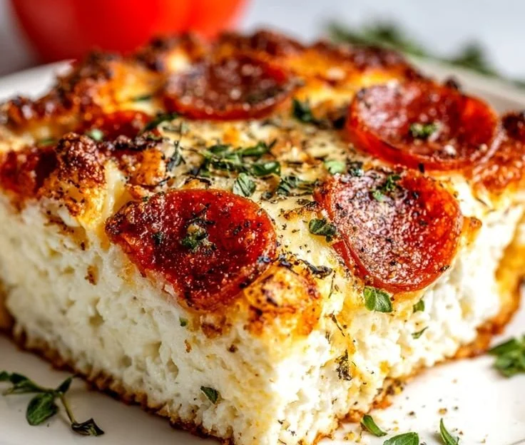 High-protein cottage cheese pizza bake topped with fresh ingredients