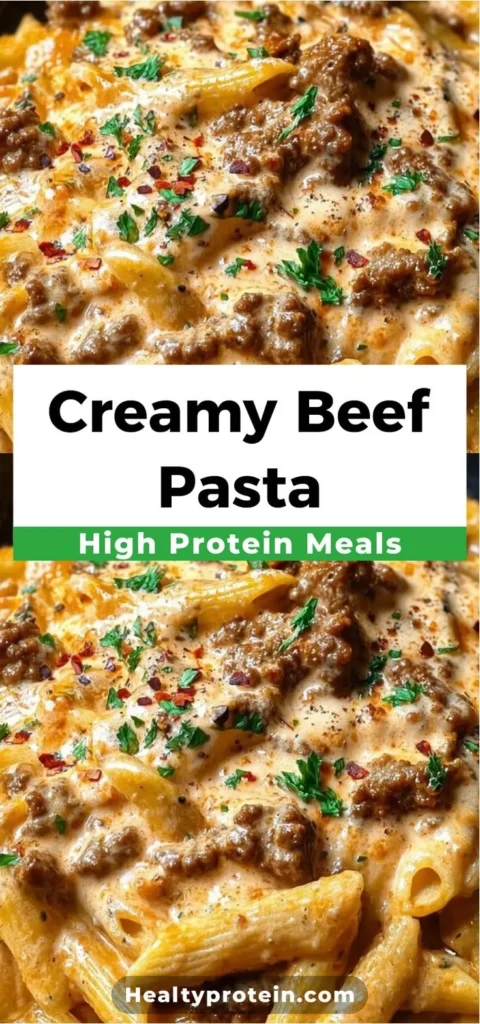 Delicious high protein creamy beef pasta dish served in a bowl.