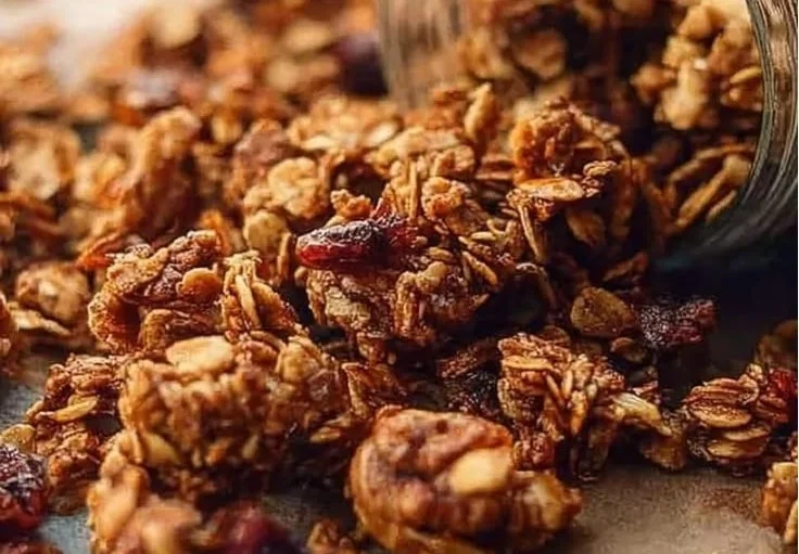Bowl of high protein homemade granola with nuts and fruit