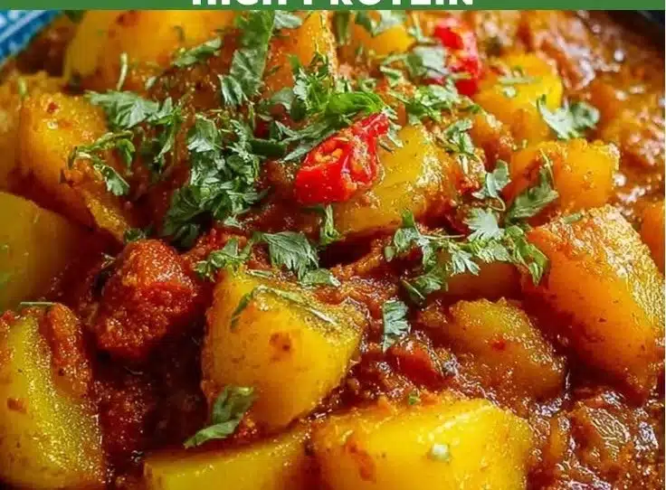 High-Protein Persian Potato Curry served in a bowl with fresh herbs on top.