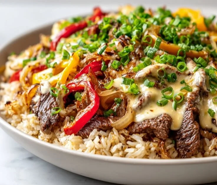 High protein Philly cheesesteak rice bowl topped with peppers and onions