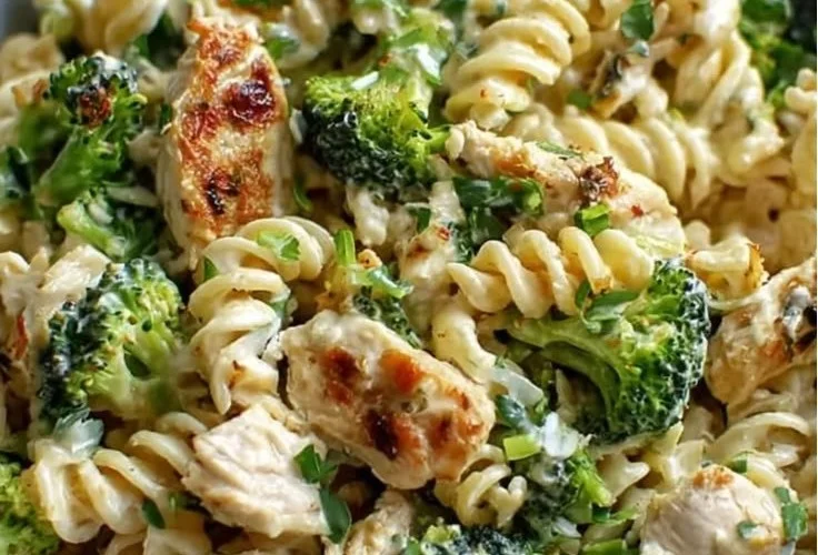 High protein rotisserie chicken pasta dish with vegetables and sauce