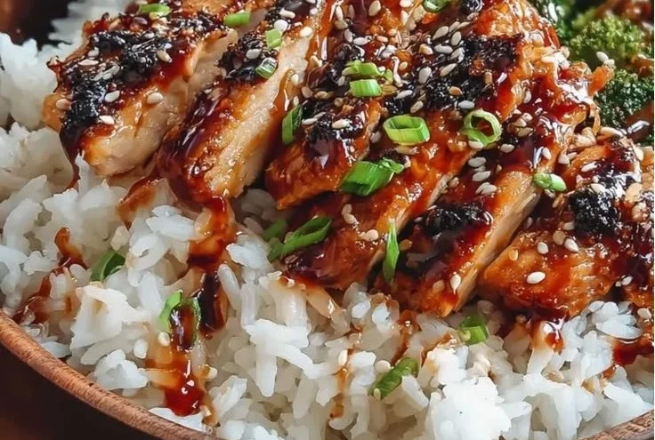 High Protein Sticky Chicken Rice Bowl garnished with fresh herbs and vegetables