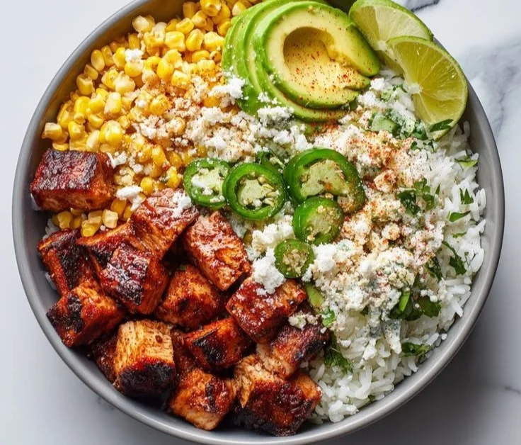 High-Protein Street Corn Chicken Bowl with fresh ingredients and vibrant colors.