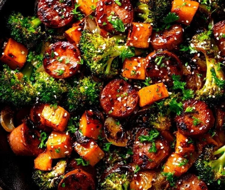 Honey Garlic Sausage with sweet potatoes on a sheet pan dinner.