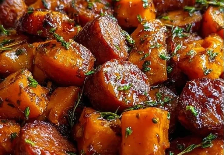 Honey garlic sausage served with roasted sweet potatoes on a plate
