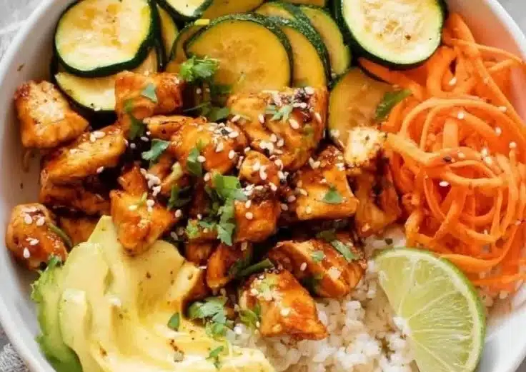 Hot Honey Chicken Bowls with rice and garnishes