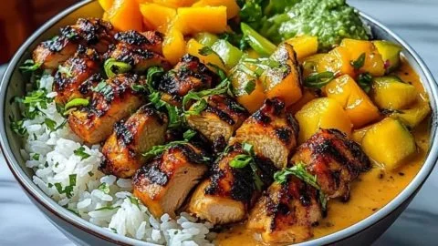 Delicious Chicken Mango Rice Bowl with vibrant colors and fresh ingredients