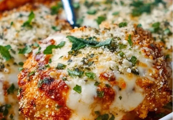 Keto Chicken Parmesan Casserole topped with cheese and fresh herbs