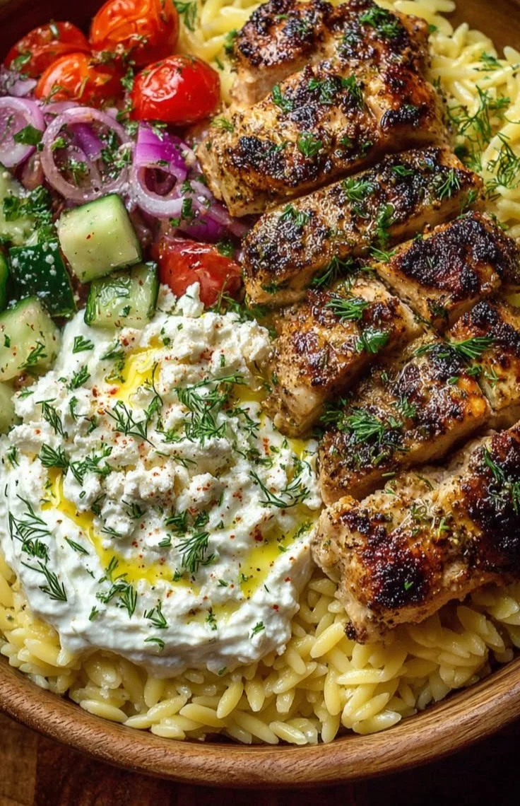Lemon Dijon Chicken Orzo Bowl topped with whipped feta