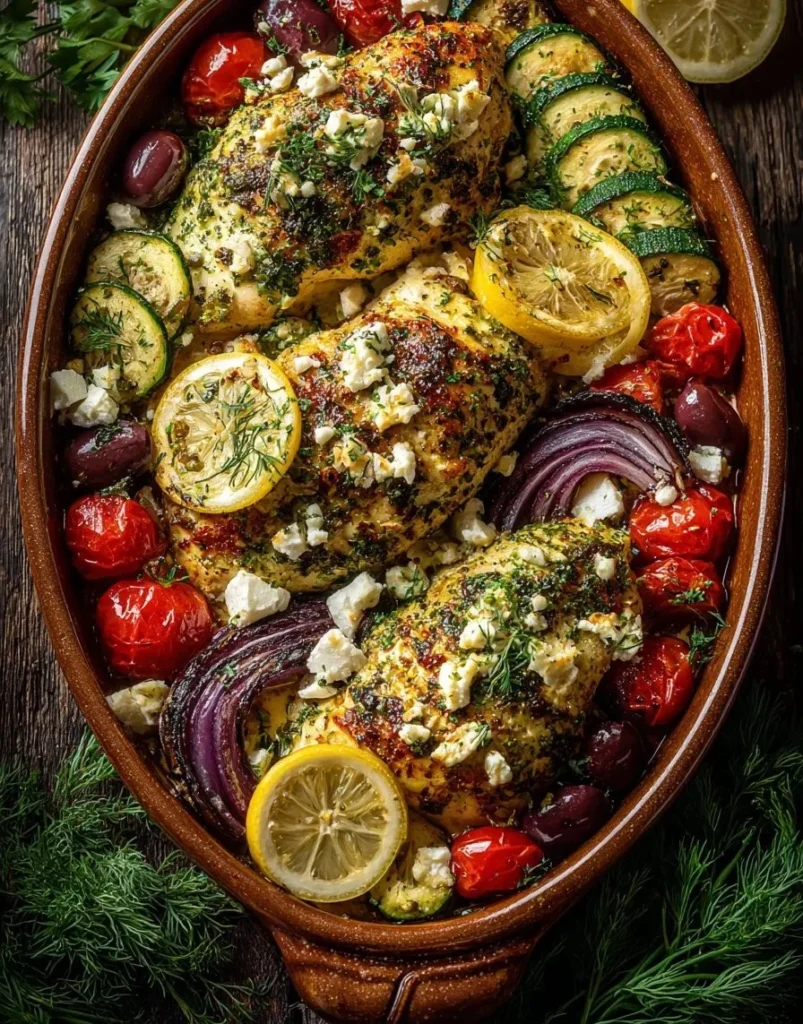 Baked Lemon Herb Chicken with Olives and Feta served on a plate
