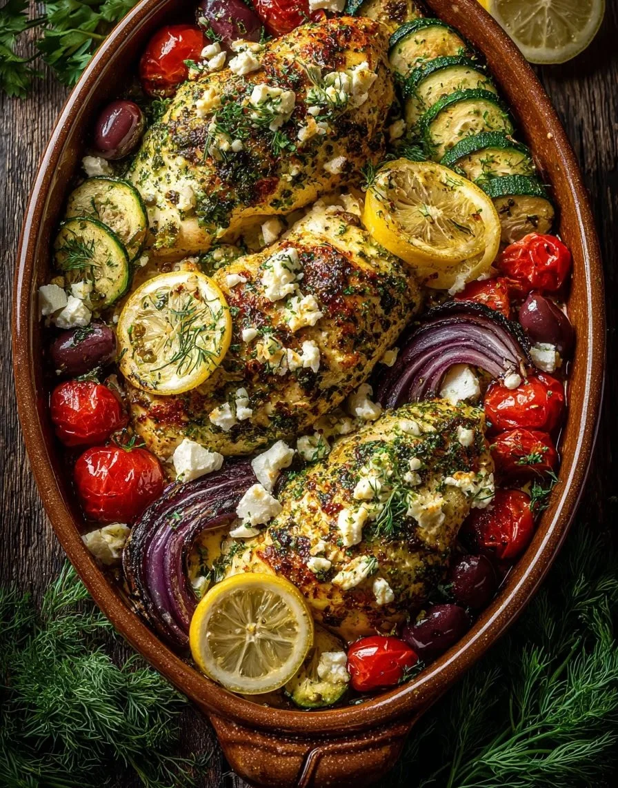 Baked Lemon Herb Chicken with Olives and Feta served on a plate